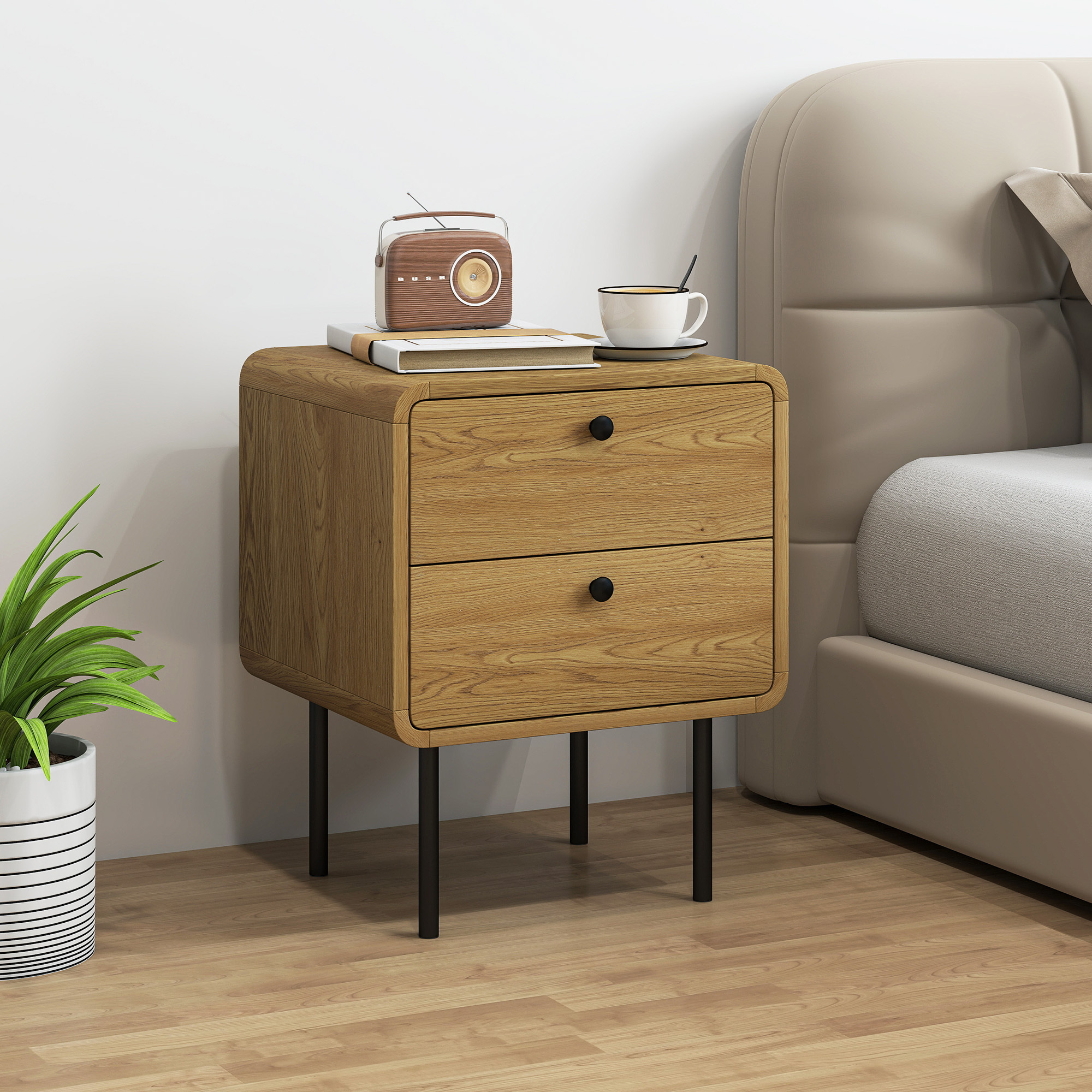 TEMU Homcom Bedside Table | Modern Nightstand With 2 Drawers, Rounded Edges, Oak End, Made Of Wood And Metal