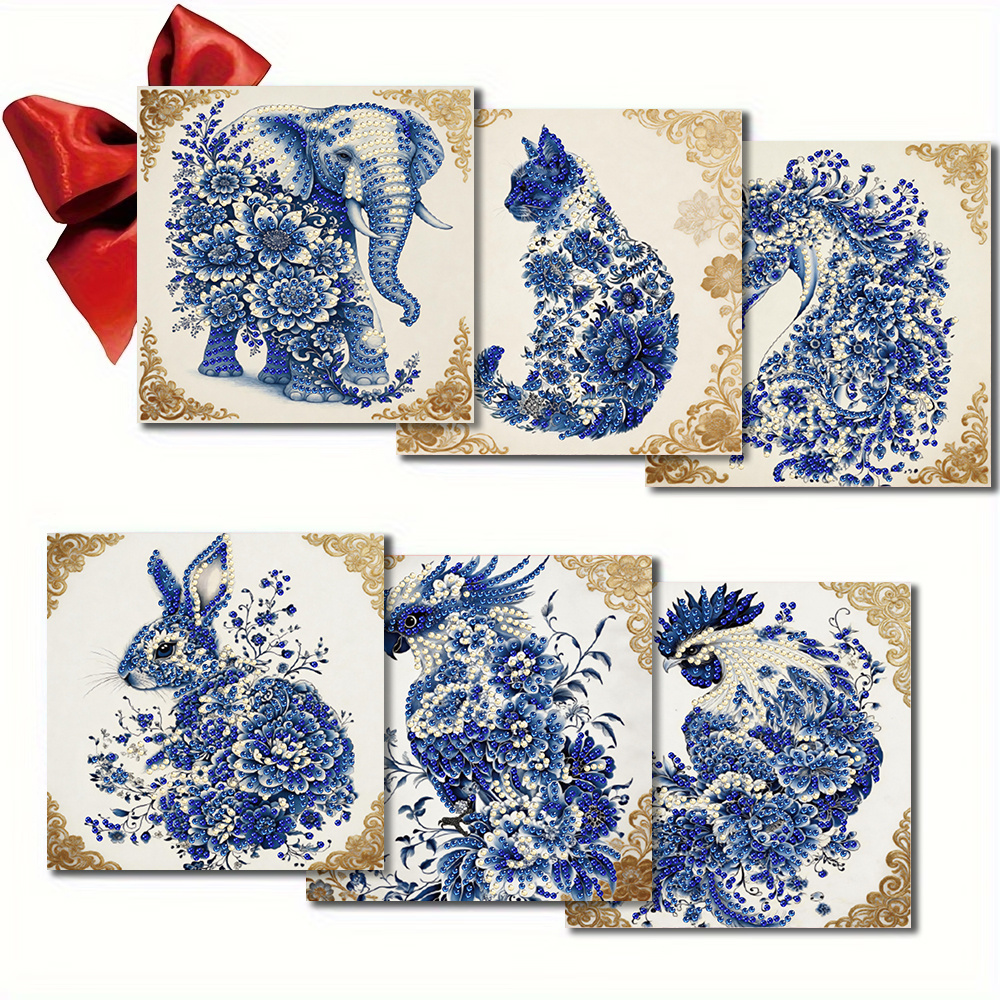 TEMU 6-sheet Diamond Painting Greeting Card Set, Handmade Enthusiasts , Includes 6pcs Unique Cards And 6pcs White Envelopes, With Sparkling Beads And