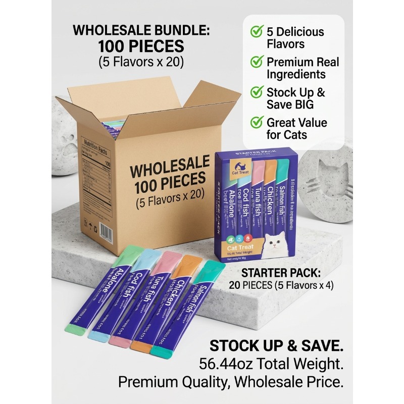 100pcs cat snacks one weighing 0 56oz 16g cat fattening nutrition strip 20 mixed cat strips in each of five flavors chicken egg yolk salmon fish roe cod fish roe abalone beef   roe Product details 10