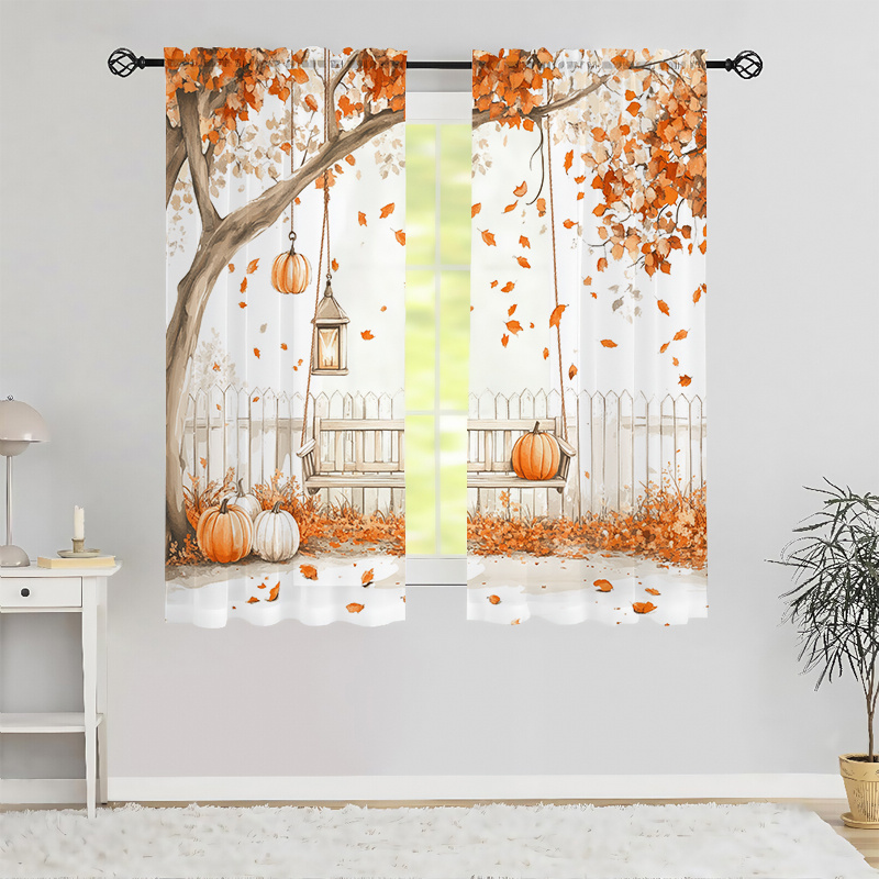 TEMU 2d Flat - 2d Flat - 2pcs Christmas-christmas-bow-halloween-chiffon Sheer Curtains - Translucent Opaque 2d Digital Printing, Rod For Living Room
