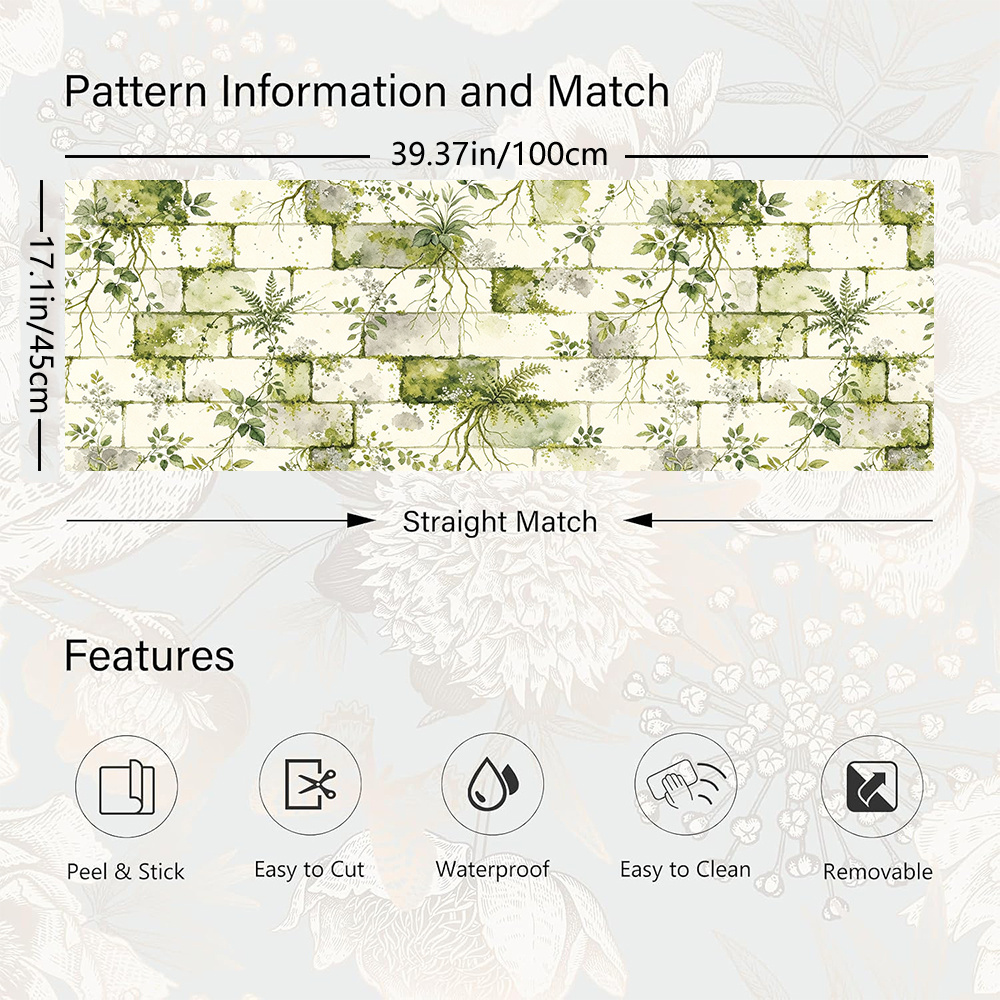 TEMU 1 Roll 45x100cm (17.7x39.4in) Green Wallpaper Peel And Stick Floral Wall Paper Removable Durable Brick Contact Paper Self Adhesive For Kitchen