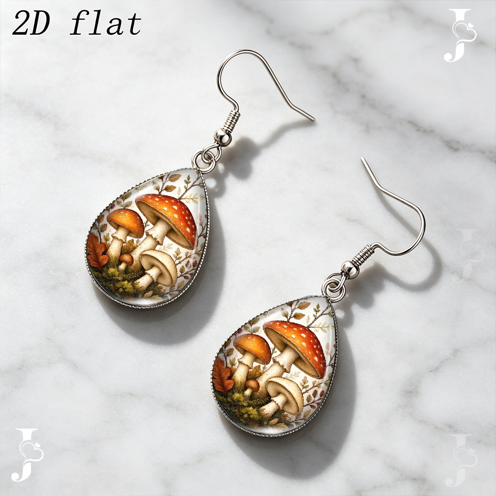 Teardrop Dangle Earrings with Vintage Red Mushroom Pattern
