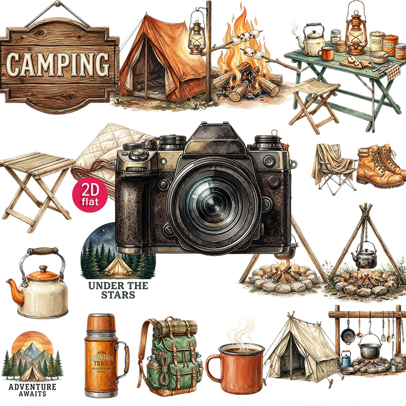 TEMU 20pcs/set Of 2d Flat Vintage Watercolor Outdoor Camping Stickers, Aesthetic Theme Decals, Tent Campfire Camera Patterns For Journal, , Notebook,