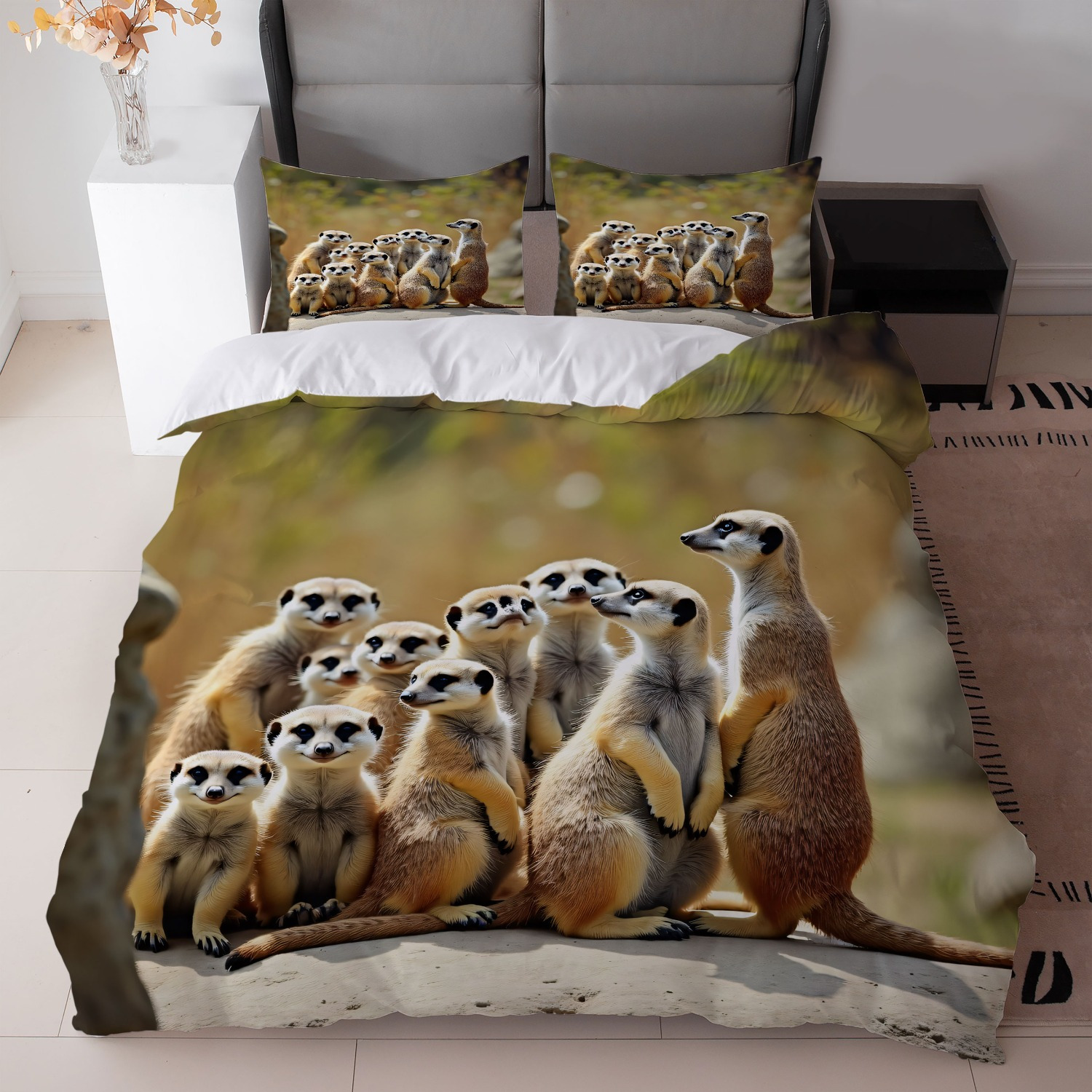 TEMU 3-teiliges Bettwäsche-Set mit Meerkatzenfamilie-Muster - + Weiß + Meerkatzendruck (1 Bettbezug + 2 Kissenbezüge, ohne Füllung) für