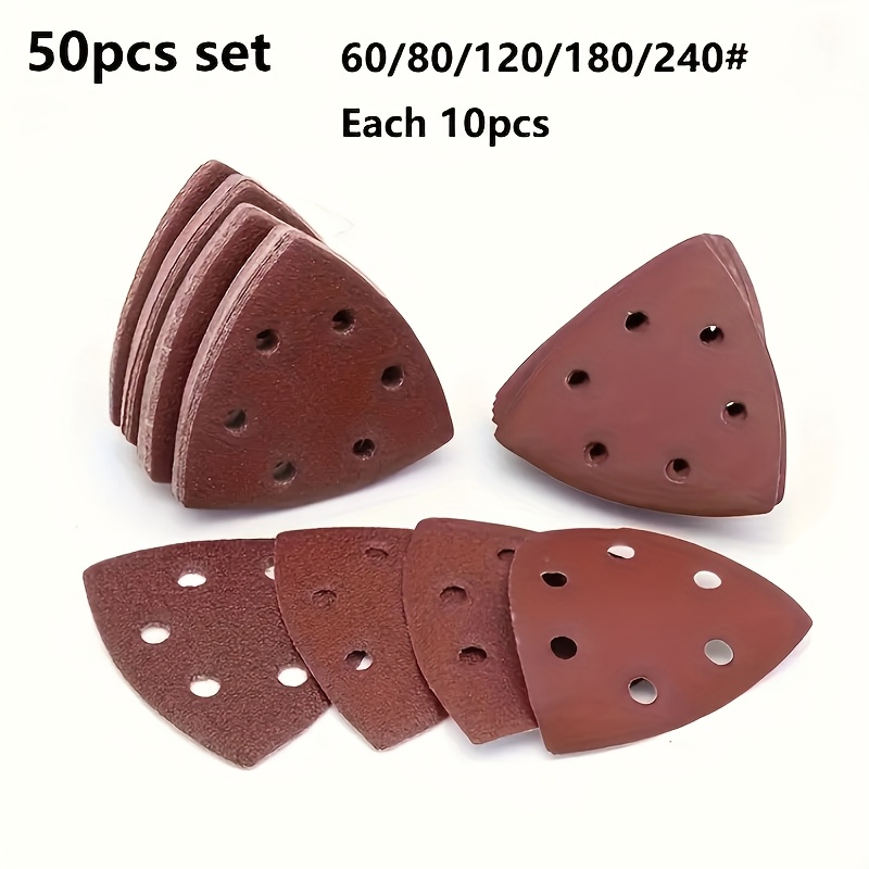 E-shop 50 Stück Dreieckige Schleifpapier mit Rotem Sand, Velours und Selbstklebenden Dreieckigen Schleifscheiben, 6 Löcher, Maß 90 * 90 * 90 mm,