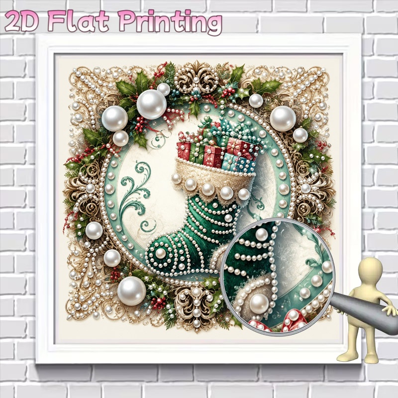 TEMU New Arrival Frameless 2d Pearl Diamond Painting Kit, Classic Festive Christmas Stocking With Gifts Golden Pattern, Diy Art For Home Wall Display