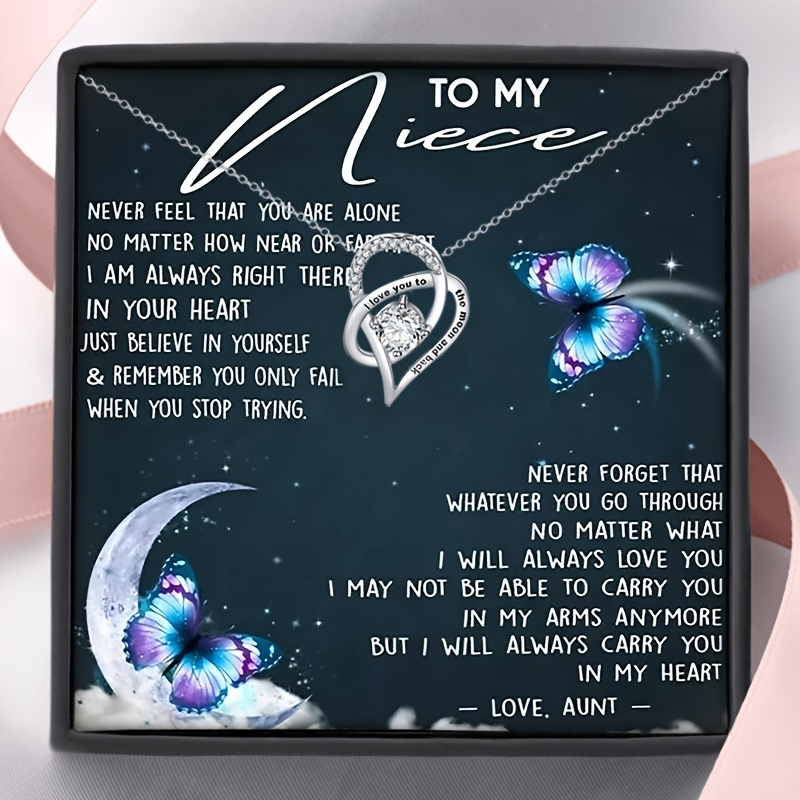 "to My Niece" Moon And Back Pendant Necklace - Cubic Zirconia, Silvery Bohemian Style Copper With Gift Card And Box