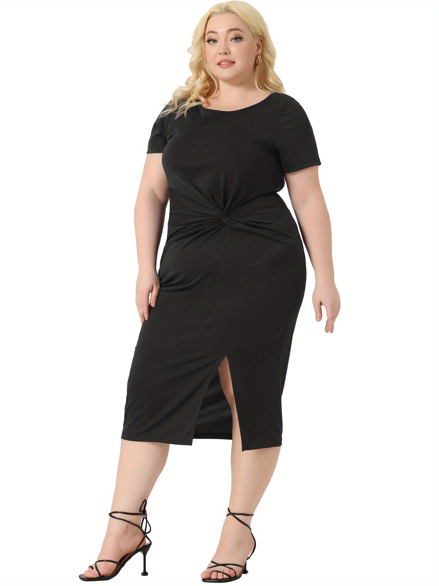 plus size ruffle trim solid round neck bodycon dress, women's plus elegant  medium stretch bodycon dress - women' clothing - Temu