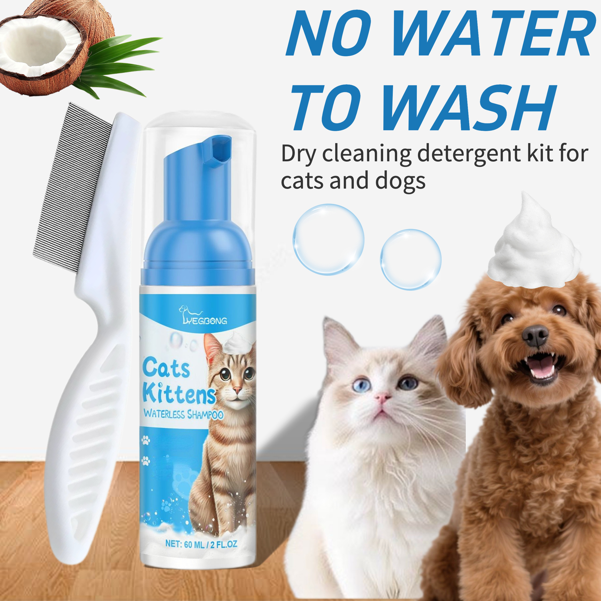Image of Quick-effect Shampoo Foam Duo - Prevents , Fur, Deep Cleans In . Plant-based, Long-lasting Scent. Pet Bath Resistance, Cleans Tear Stains & Yellowing Face Fur. (includes Detangling Comb)