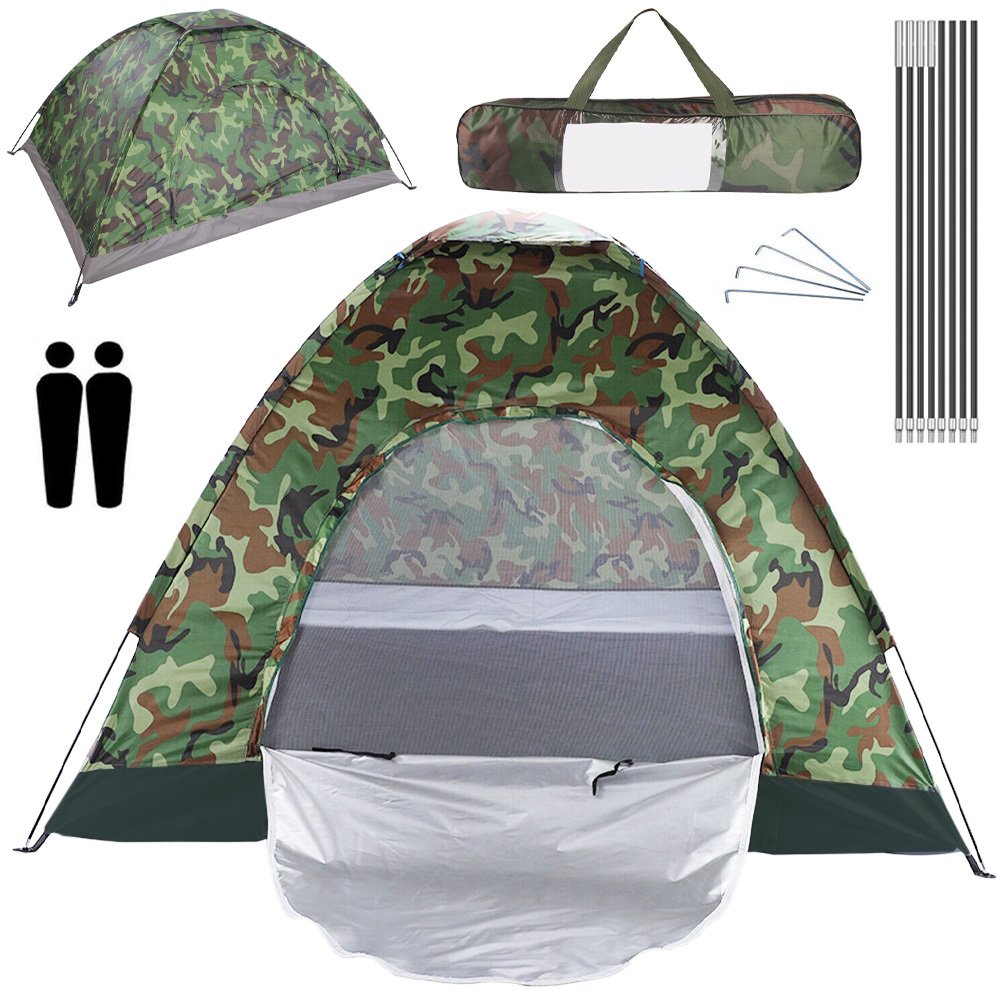 E-shop Kompaktes Zweier-Zelt im Camouflage-Design, inklusive Tragetasche, ideal für Outdoor-Aktivitäten wie Wandern und Angeln