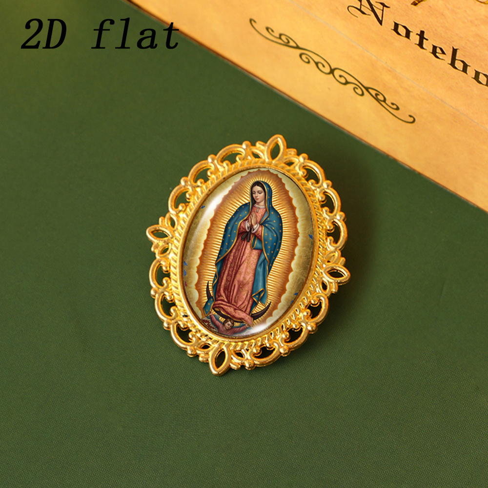 TEMU 1pc Broche en verre ovale vintage religieuse de Guadalupe, motif en verre plat 2D, décoration multifonctionnelle pour vêtements et sacs à dos,