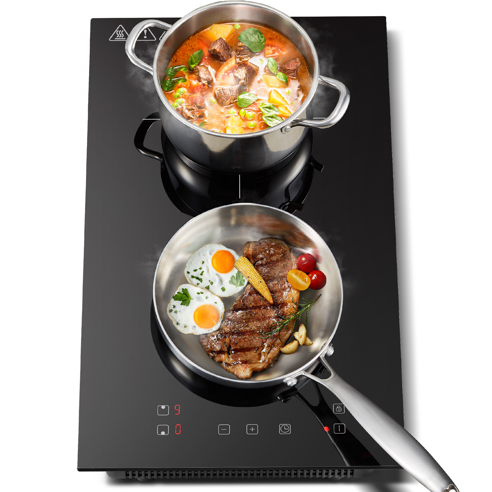 Indukcijska kuhalna plošča 2 plošči 3300 W, Indukcijska plošča dvojni namestitev 30 cm, Upravljanje na dotik, čRrno kristalno steklo, 9 nas