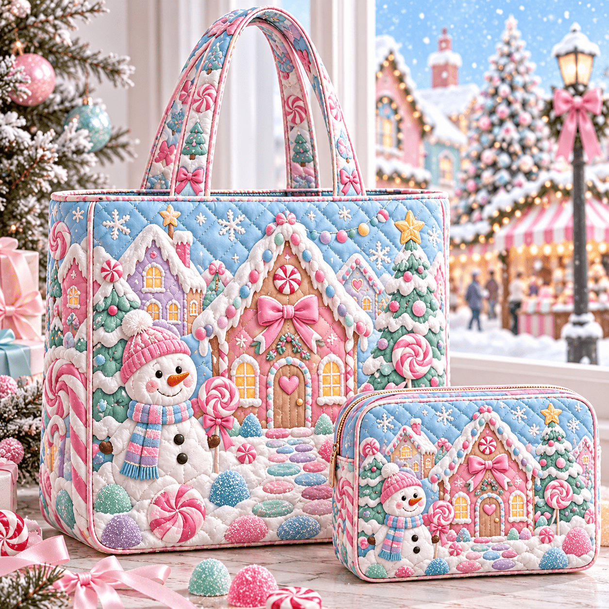TEMU Pastel Snowman Gingerbread House Pattern 2pcs Tote Bag Set For Women, Candyland Christmas Quilted Handbag With Matching Storage Pouch, Spacious