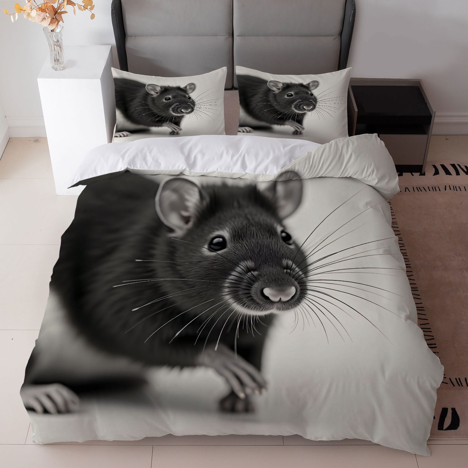 TEMU 3pcs Bedding Featuring A Black And White Rat Design (includes 1 Duvet Cover And 2 Pillowcases, Core Not Included) For Bedroom Decoration