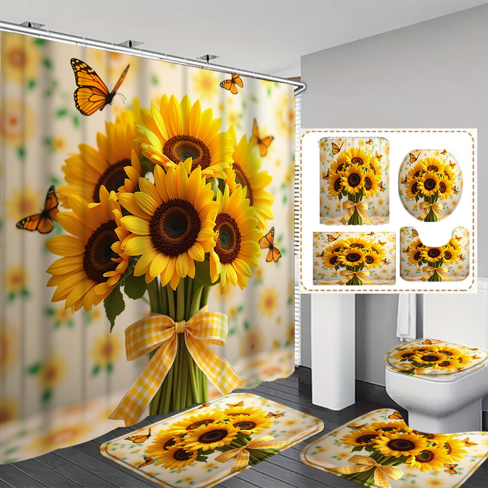 TEMU 4pcs Sunflower And Printed Shower Curtain Set - High-quality Shower Curtain With 12 Hooks, Non-slip, Toilet And U-shaped - Modern Decorative