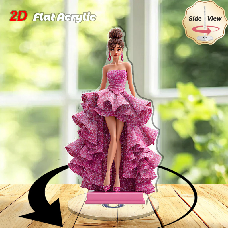 TEMU Décoration de bureau rotative en acrylique 2D plate, 1 pièce, avec une figurine animée 3D dans une robe rose - Rotation à 360° sur une base