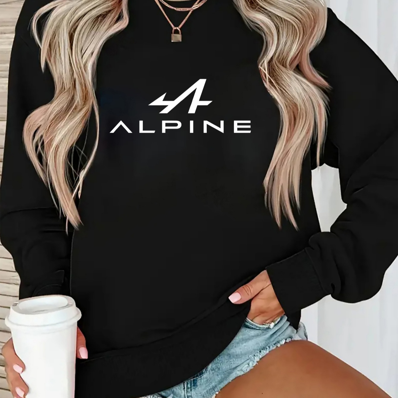 

1pc Alpine Print Fleece Sweatshirt, Pull à manches longues décontracté à col rond pour femmes, Tissu tricoté 100% polyester, Légèrement extensible, Confort toutes