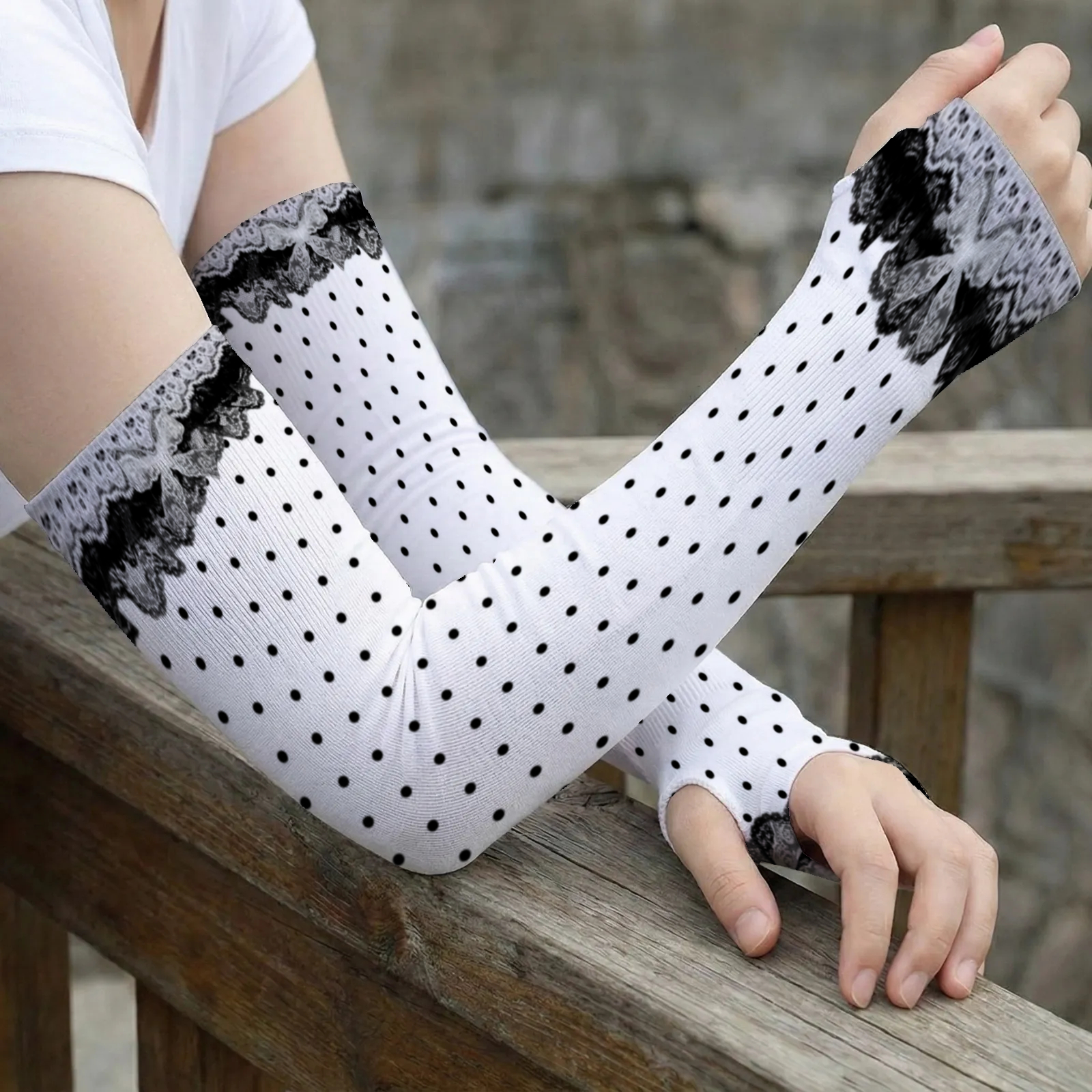TEMU 1 Paire de manchons moulants pour femmes, base blanche, imprimé dentelle à noirs, style vintage , cadeau pour les amateurs de vintage, cadeau