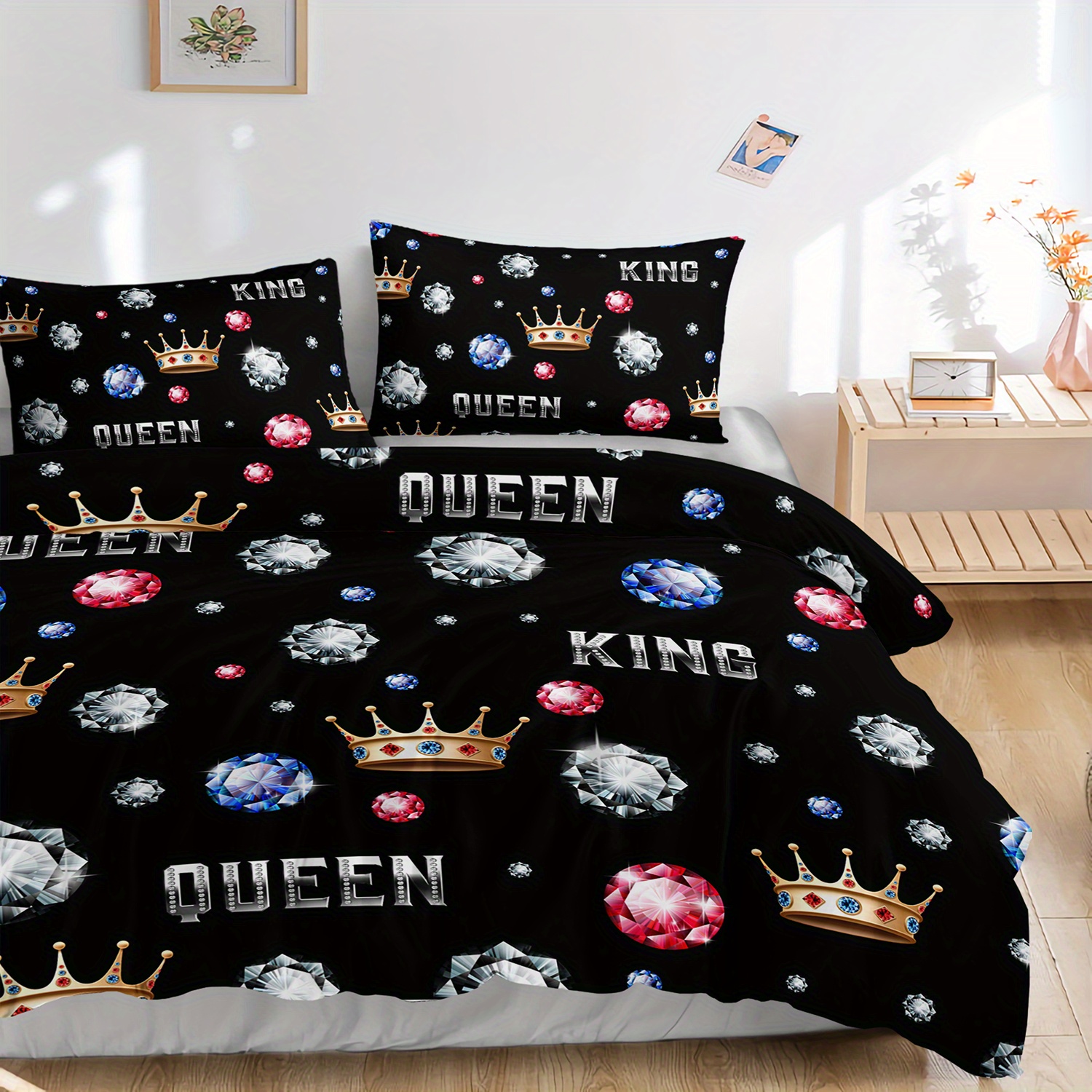 3pcs king queen crowns and diamonds 3  printed duvet cover set romantic couple bedding set for   queen size black bedding for bedroom or   decor polyester comforter cover gift 1 quilt cover 2 pillowcases Product details 5