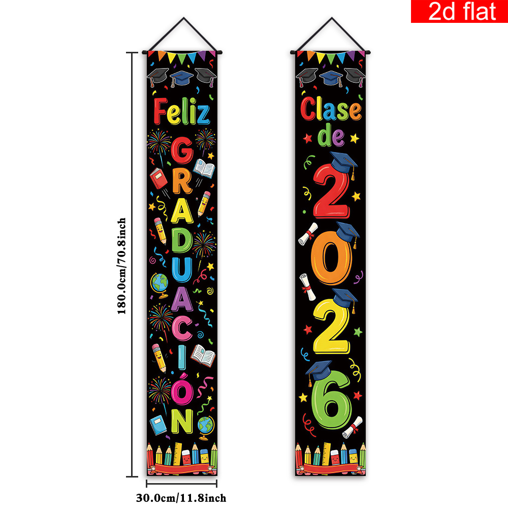 TEMU 2D , Banderín 2D 2pcs Español. Letrero de Puerta y Porche para de Graduación 2026, " GRADUACIÓN" con Diseño de Dibujos Animados Coloridos.