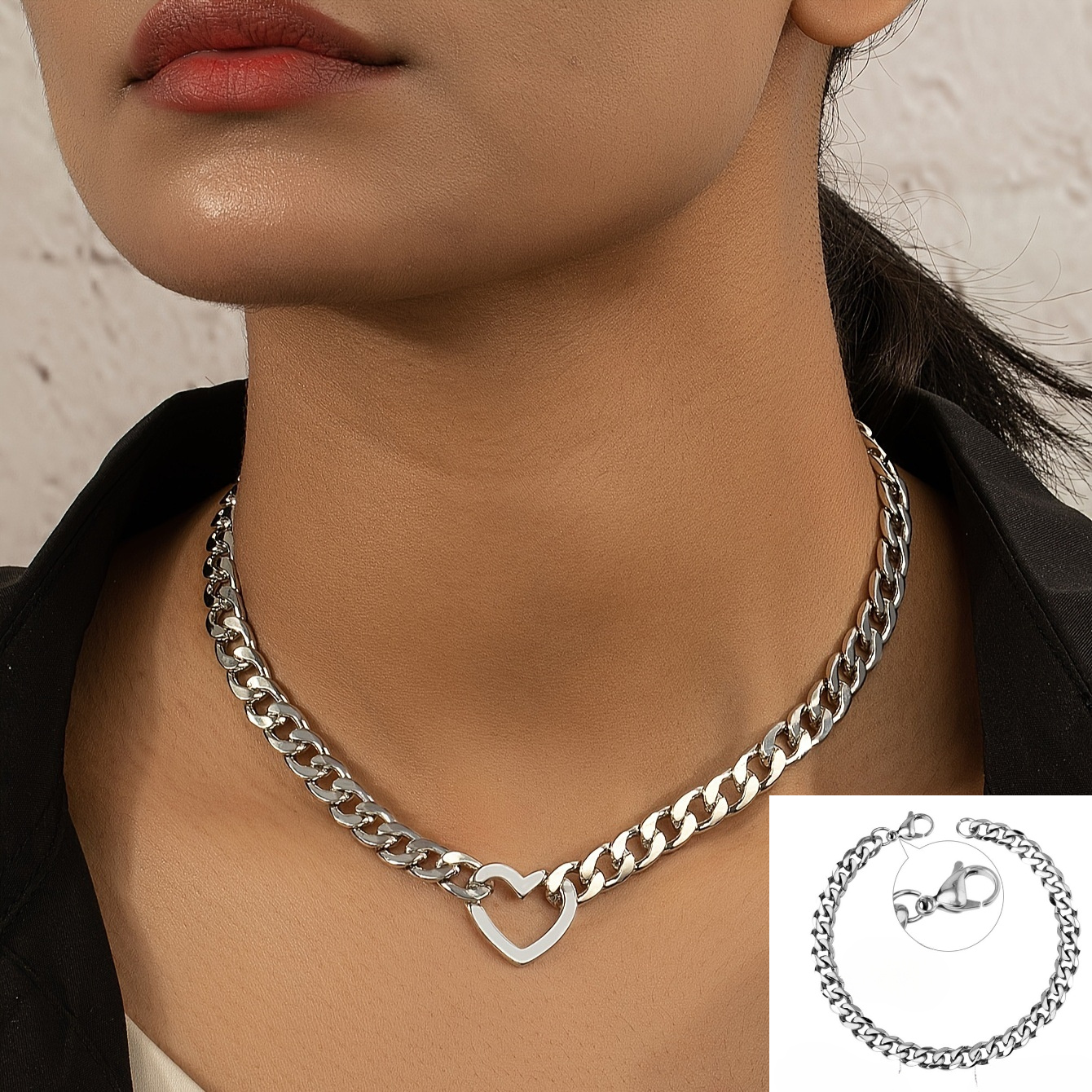 Image of Stainless Steel Cuban Chain Necklace - Thick Interlocking Pendant, Hypoallergenic Tarnish-free Golden For Parties, Casual Attire & Gift () - Dainty Layered Collarbone Chain Necklace Set