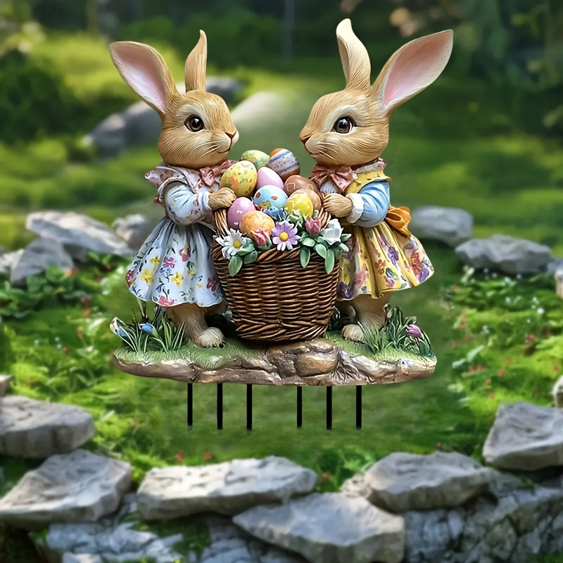 

2d Flat Printing Bohemian Easter Bunny Garden Support, Acrylic Rabbit Statue With Basket, Outdoor Lawn And Garden Decoration, Bracket Installation, No Electricity, No Feather, Easter Theme