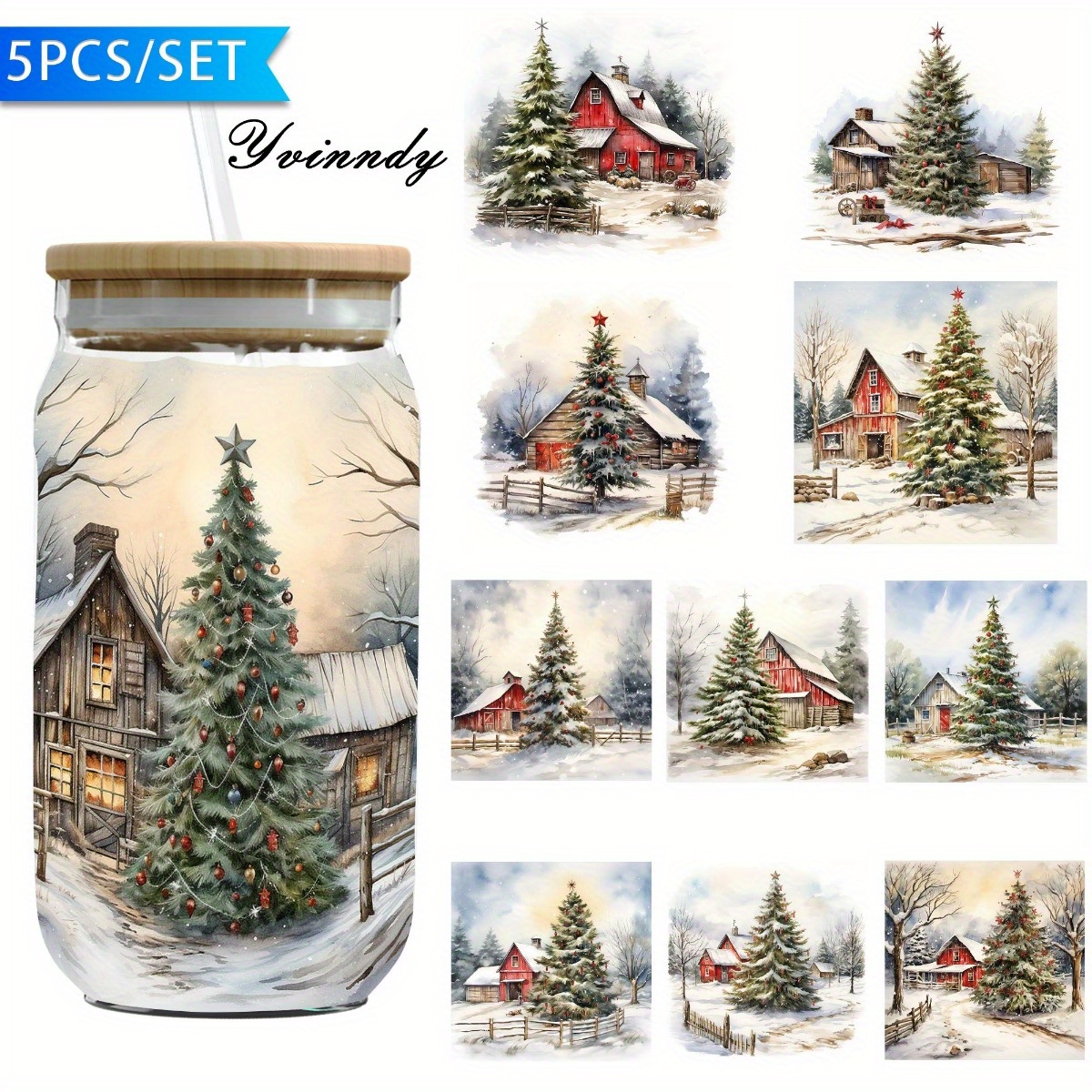 TEMU 5pcs Christmas Snow Scenery Farm Uv Dtf Transfer Paper Waterproof And Scratch Resistant Transfer Paper Suitable For 16oz Cups Bottles Computer &