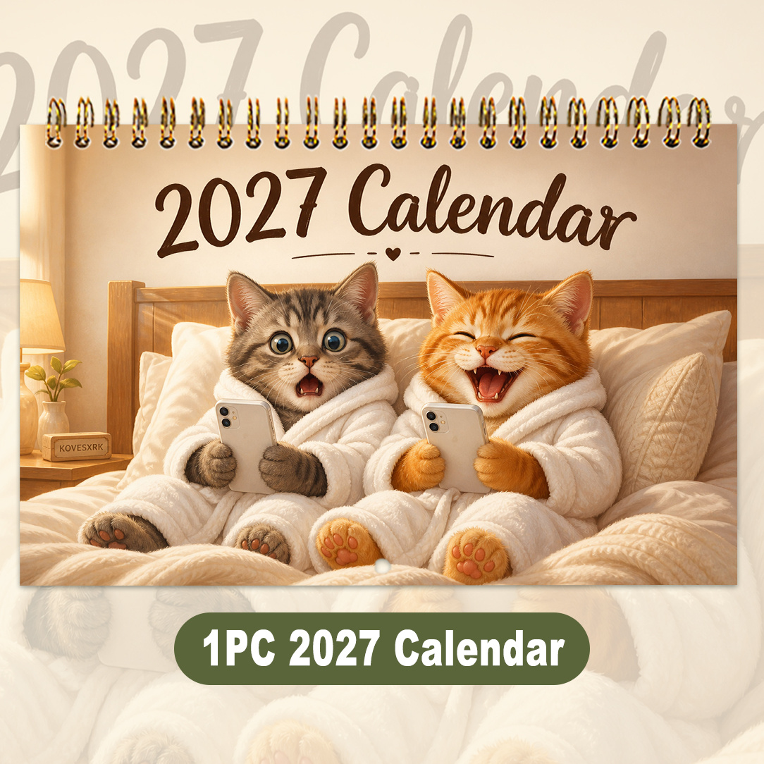 TEMU 1pc Kovesxrk 2027 Cat Calendar With Hanging Hole - Robe-wearing Kittens Bed-themed Wall/table Planner, Monthly Grid Suitable For Office Decor,