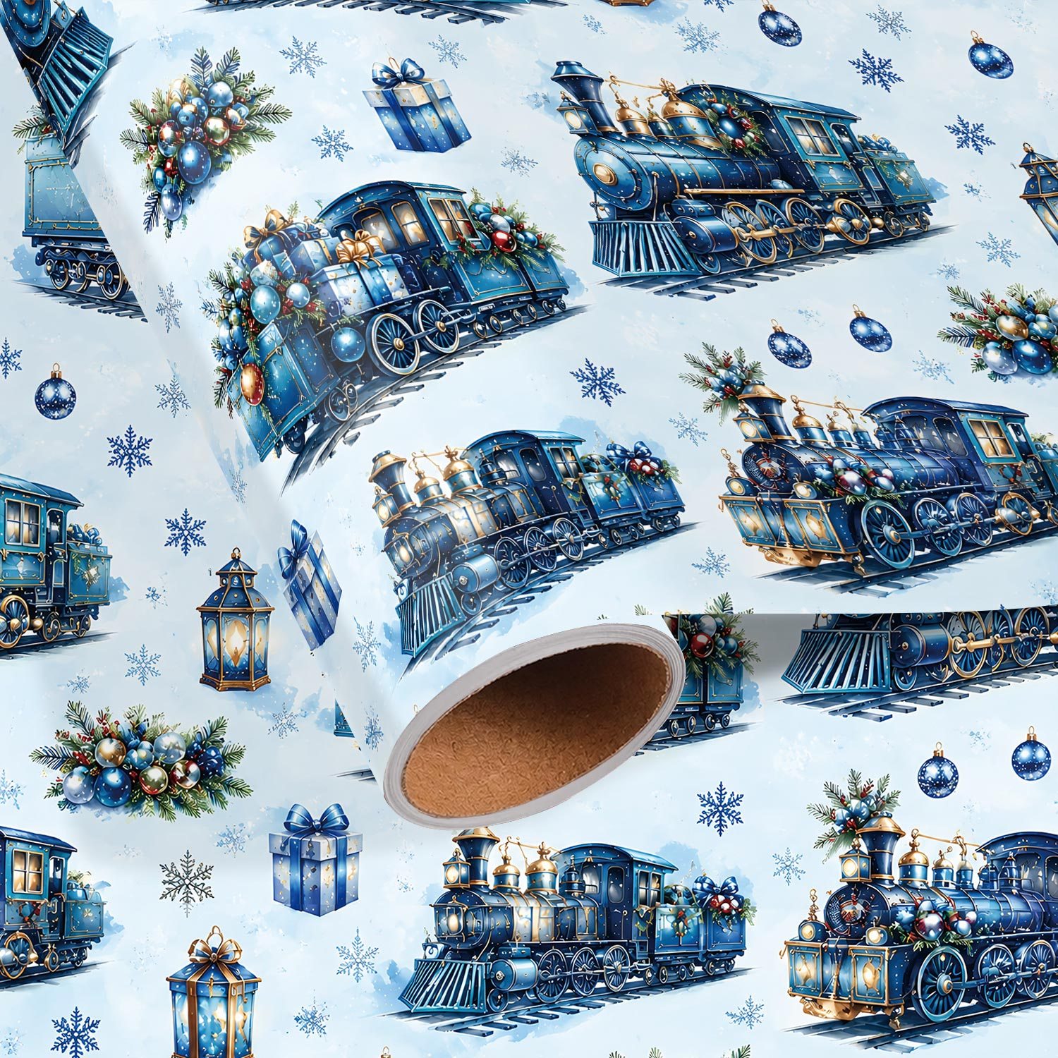 TEMU Rouleau de train de Noël vintage - 17,7 pouces x 118 pouces, papier d'emballage de fêtes d'hiver avec motif de trains à vapeur , de neige,