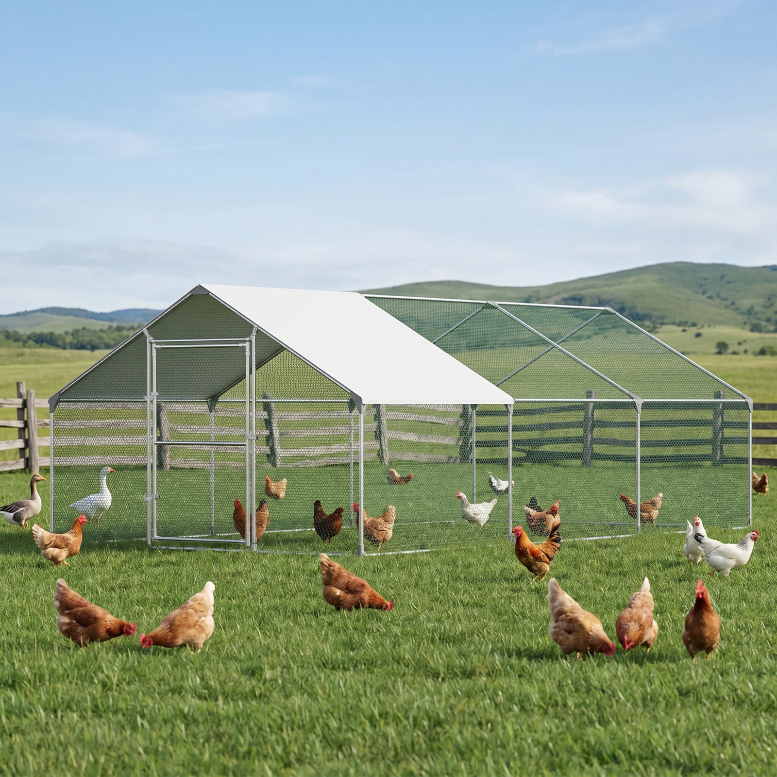 Image of Chicken Coop Run For Poultry And Small Animals, Galvanized Steel Pet House With Gable Sun Protection, Secure Cage With Lockable Door
