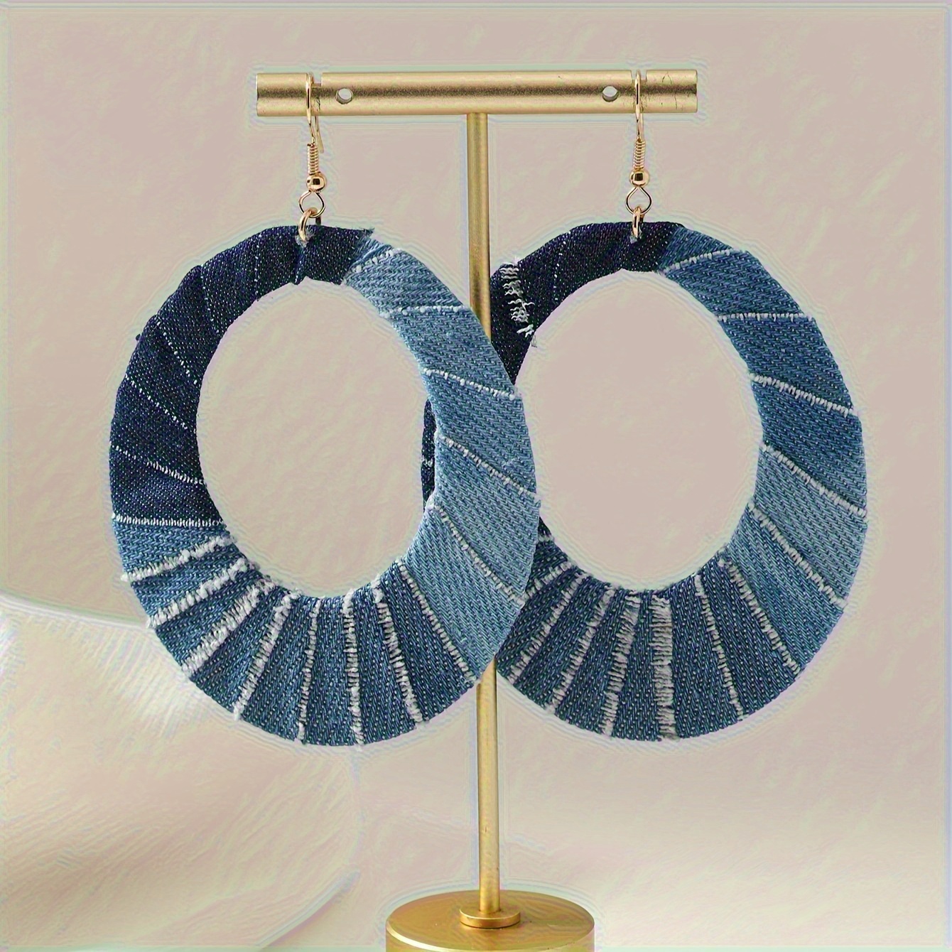 TEMU 1 Pair Vintage Denim Hoop Earrings - Large Circle Polyester Fabric Earrings With Steel Hooks, No Plating, Retro For Parties & Holidays, Fashion