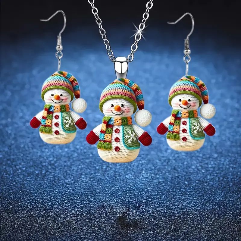 

Christmas Necklace Set, Simulation Snowman Wearing And Hat Pattern Pendant Necklace Set, 2d Jewelry Set, Accessories