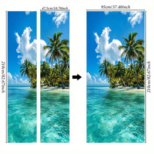 1 paar tropische strand- türsticker - selbstklebende abnehmbare palmen & türkisfarbenes wasser wandtattoos, hochwertige papierdeko für schlafzimmer wohnzimmer badezimmer, einfach anbringen & entfernen urlaubsdekoration, strand-badezimmer dekor, ruhevolle raumatmosphäre, küstenstil aufkleber, kunststoffoberfläche sticker