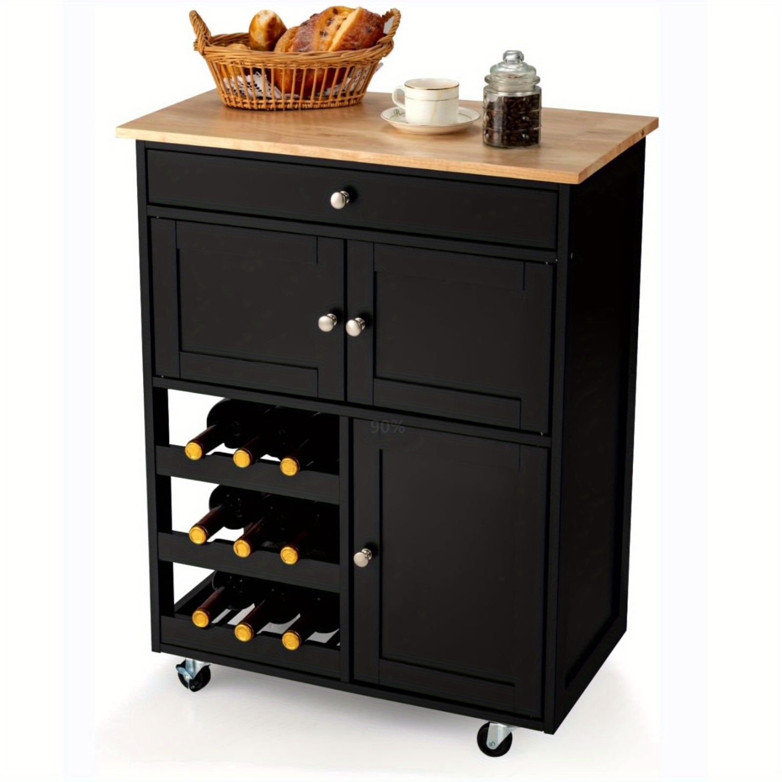 TEMU Kitchen Trolley On Castors, Serving Trolley With Drawers & 3-tier Wine Rack & Worktop, Kitchen Trolley Side Trolley Kitchen Rack Kitchen Cabinet