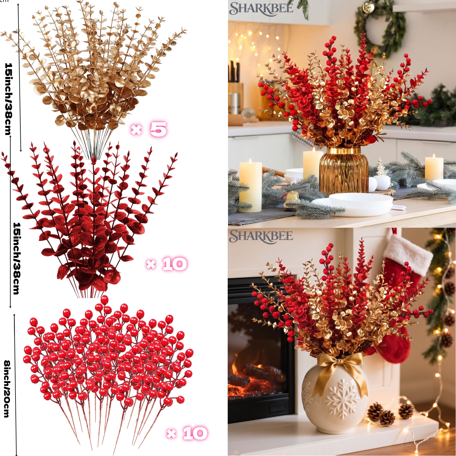 TEMU 25pcs Sparkling Golden Eucalyptus And Red Eucalyptus And Artificial Christmas Decorations | Outdoor Christmas Decor, Wreath, Christmas Tree