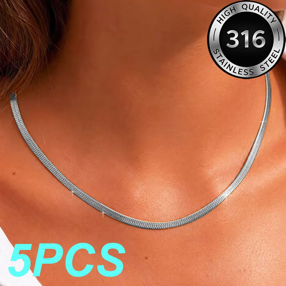 5pcs Flat Snake Chain Necklaces Set for Women & Men