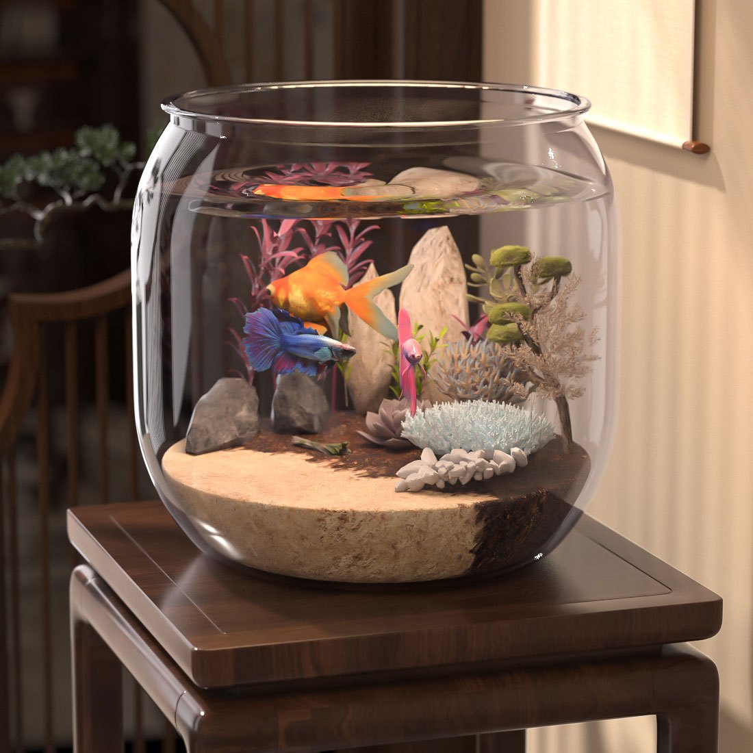 1pc Shatterproof Transparent Acrylic Fish Tank - Large Capacity Round Desktop Aquarium for Goldfish & Turtles, Micro Landscape Decor with Decorative Plants & Stones, No Electricity Needed, Pet Observation Bowl | Sleek Glossy Finish | Natural Aesthetic Design