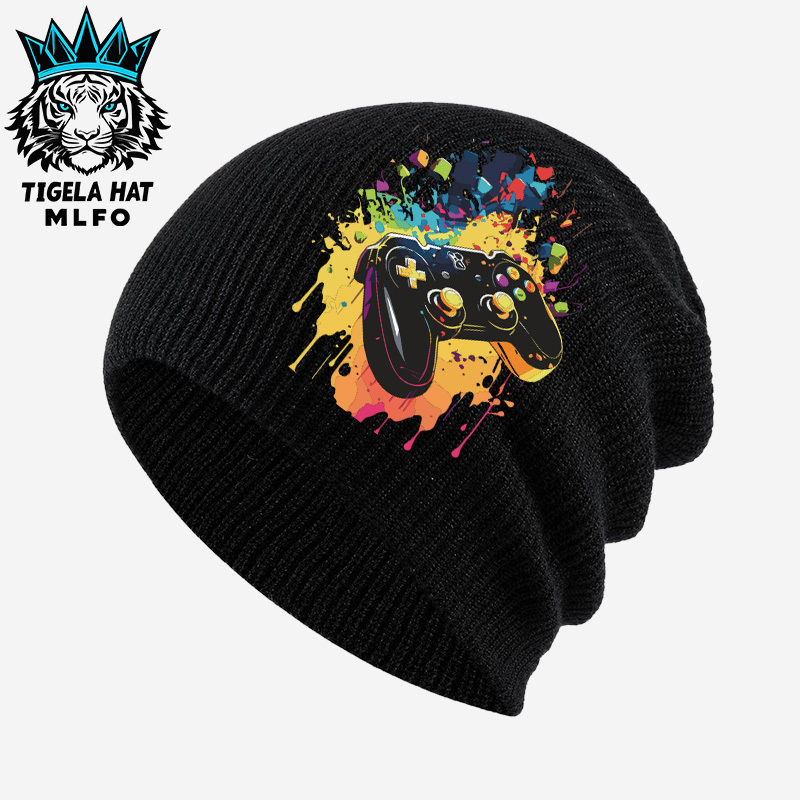 TEMU 1 bonnet tricoté pour adulte avec motif de de jeu colorée, chapeau d'hiver doux et chaud bordure, chapeau décontracté et ample poignée pour