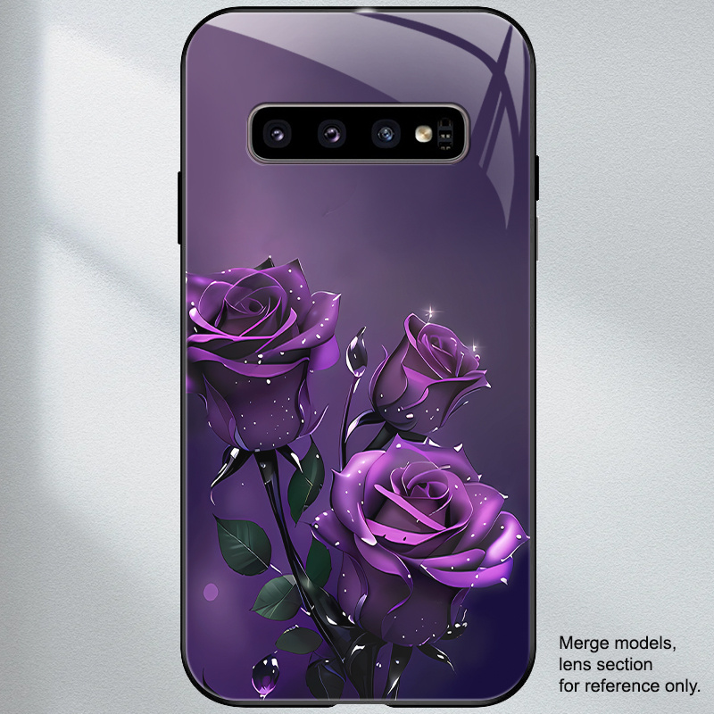 TEMU Phone Case: Phone Case Suitable For S10,s10e,s10plus,s10 Lite Tempered Glass Phone Case, Purple Rose Pattern
