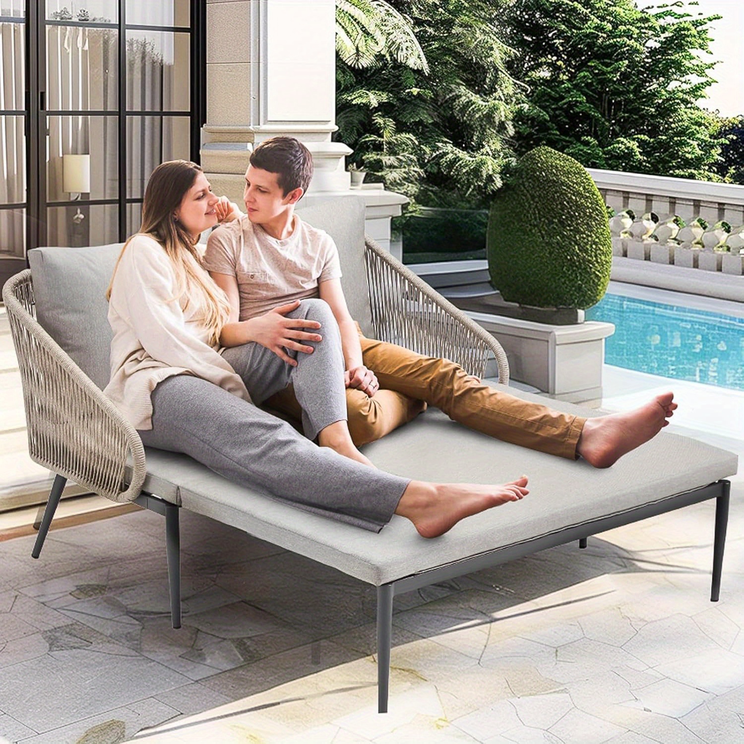 Rope Teak Double Chaise 2-in-1 Convertible Outdoor Double Chaise