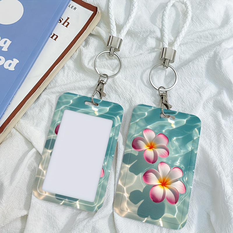TEMU Porte-cartes 2D pour femme, porte-carte d'identité, étui pour carte de transport - Porte-carte d'identité flottant Plumeria avec lanière - Motif