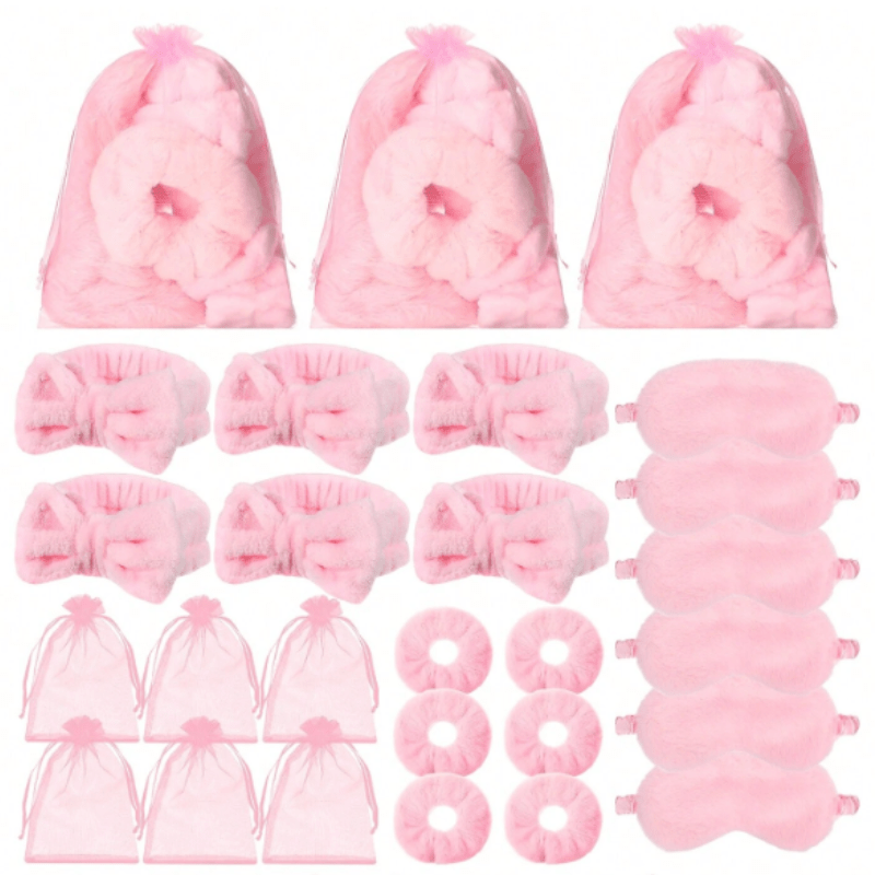 E-shop 24-teiliges Spa-Schlafparty-Zubehörset, 6 Rosa Spa-Stirnbänder, 6 Rosa Plüsch-Schlafaugenmasken, 6 Rosa Samt-Haargummis, 6 Organzabeutel für