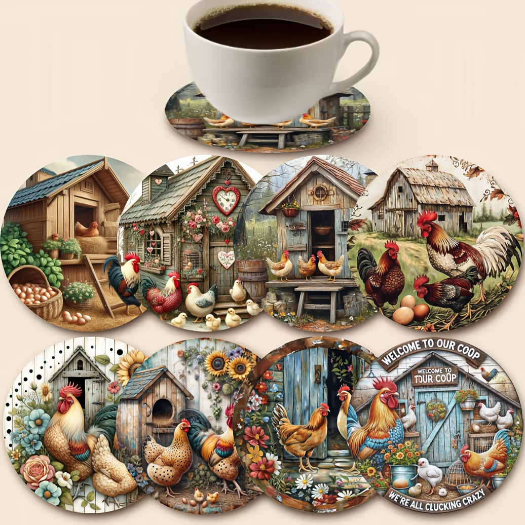 TEMU 8pcs Wood Coaster & Placemat Set - Chicken-themed Heat-resistant Table Protectors Suitable For Christmas Gifts, Non-slip Pads With Chicken
