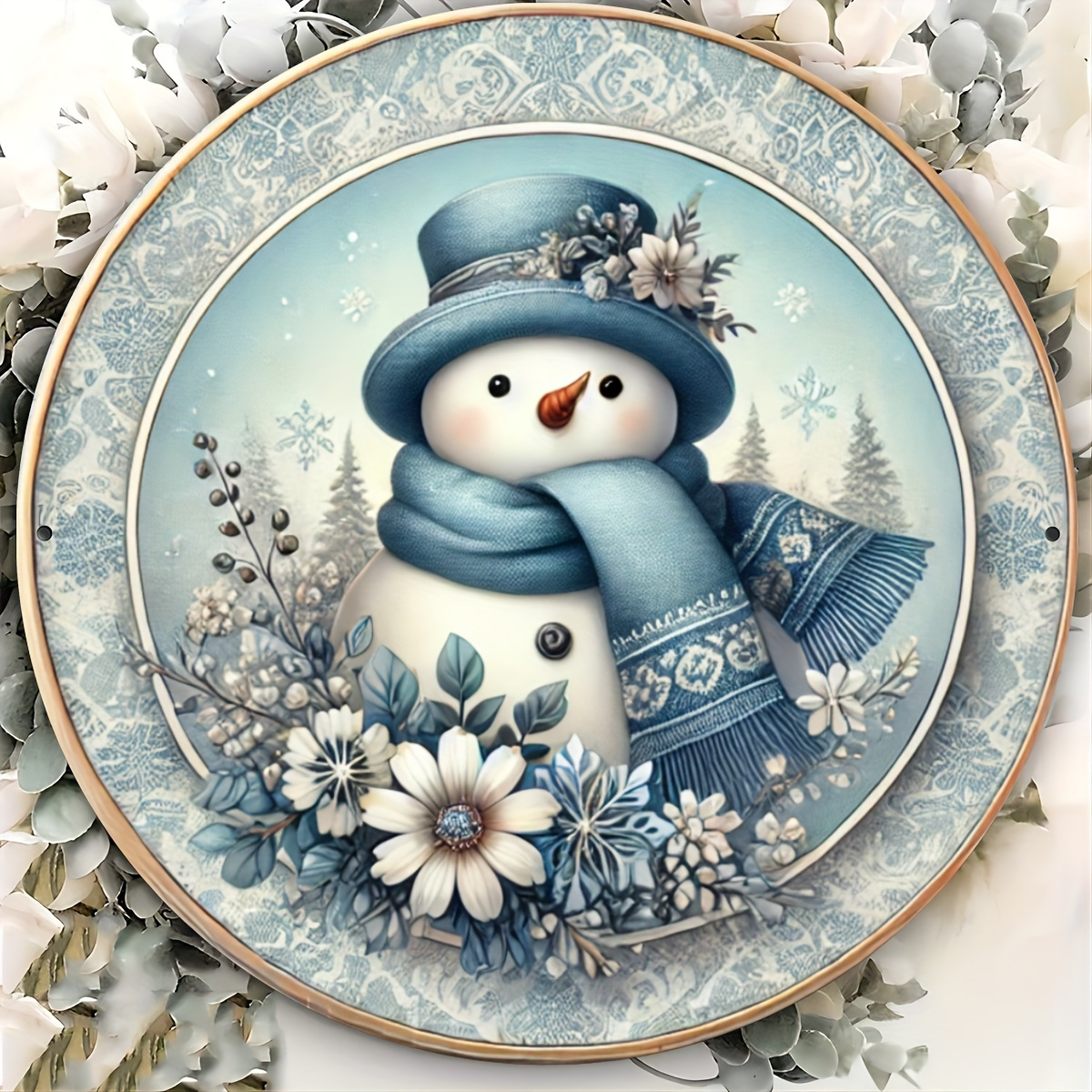 

1pc Aluminum Christmas Gift Blue Floral Snowman Wreath Sign - 8x8inch Metal Plaque For Christmas & Winter Decor, Merry Christmas Aluminum