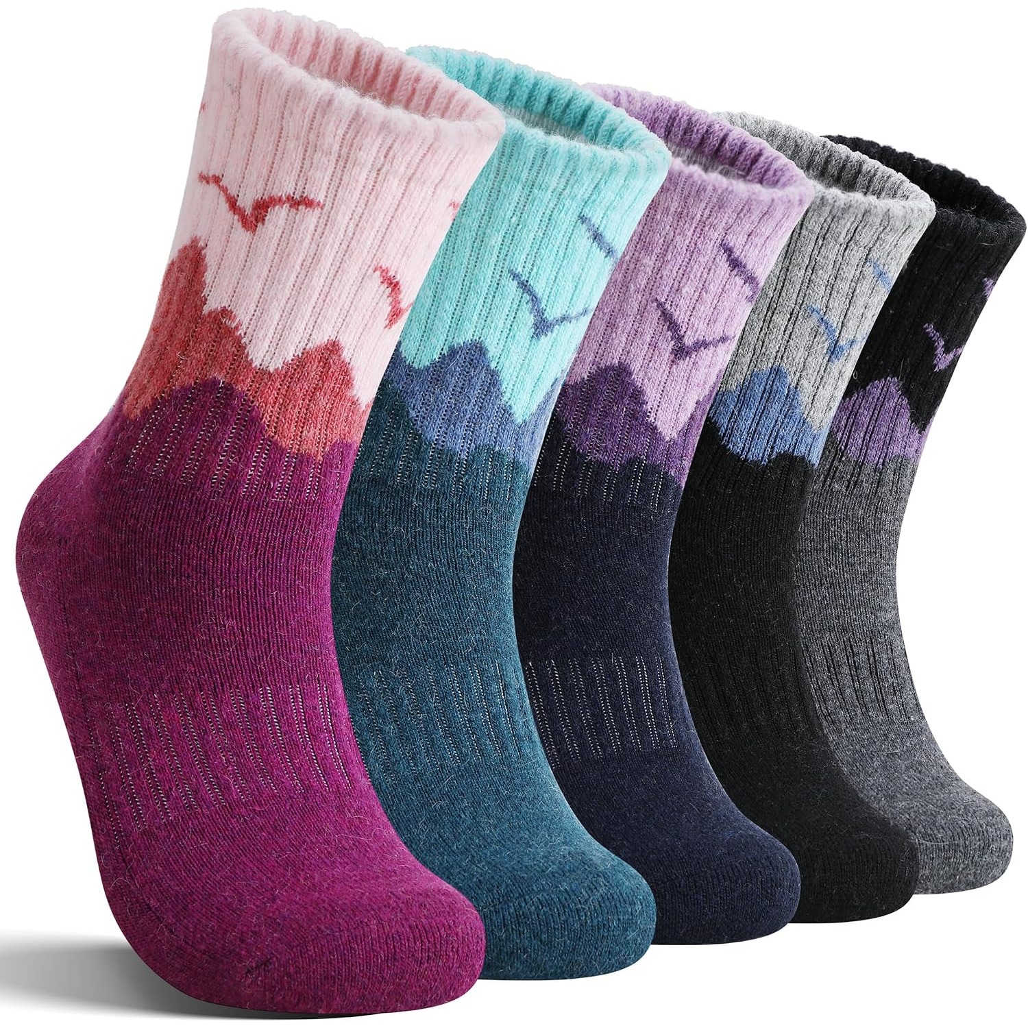 TEMU 5-pair Women's Wool Wool Mid-calf Hiking Socks, Gradient Mountain And Flying Bird Pattern Thermal Outdoor Socks, Autumn/winter Comfortable Boot