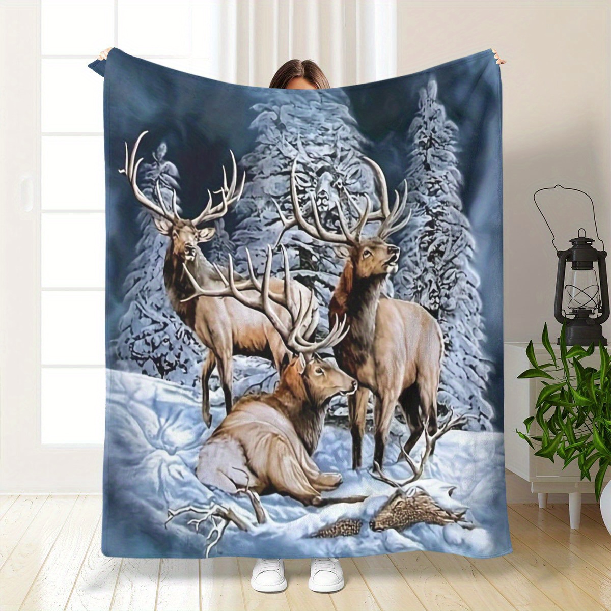 TEMU 1pc Flannel Blanket - Vintage Deer & Print, Cozy Throw For Home, Office, Camping, Travel - Perfect Gift For , Decorative Living Room Blanket