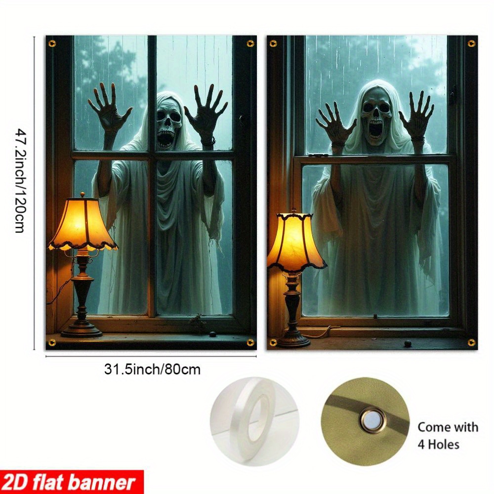 Image of 2d Flat, 2pcs 2d Flat Banner, Halloween Horror Theme With Skeleton And Designs, Window Flag For Party Decorations – Material, 2d Flat