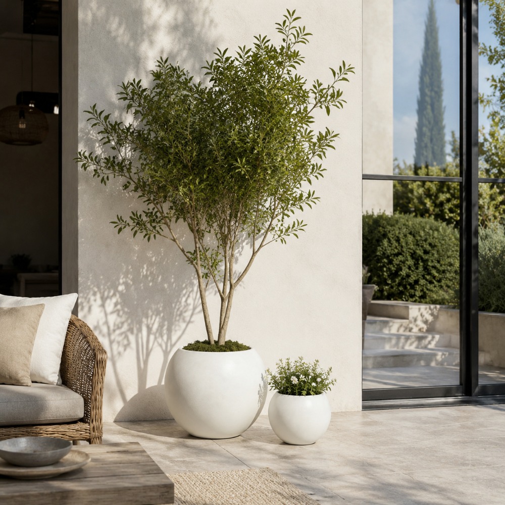 2pcs Set of Light Luxury Matte White Spherical Floor Planters, American Vintage Style for High-End Clubhouse and Villa Interior Soft Decor, Suitable for Indoor and Outdoor Use, Large Potted Plants for Living Rooms/Entryways/Offices