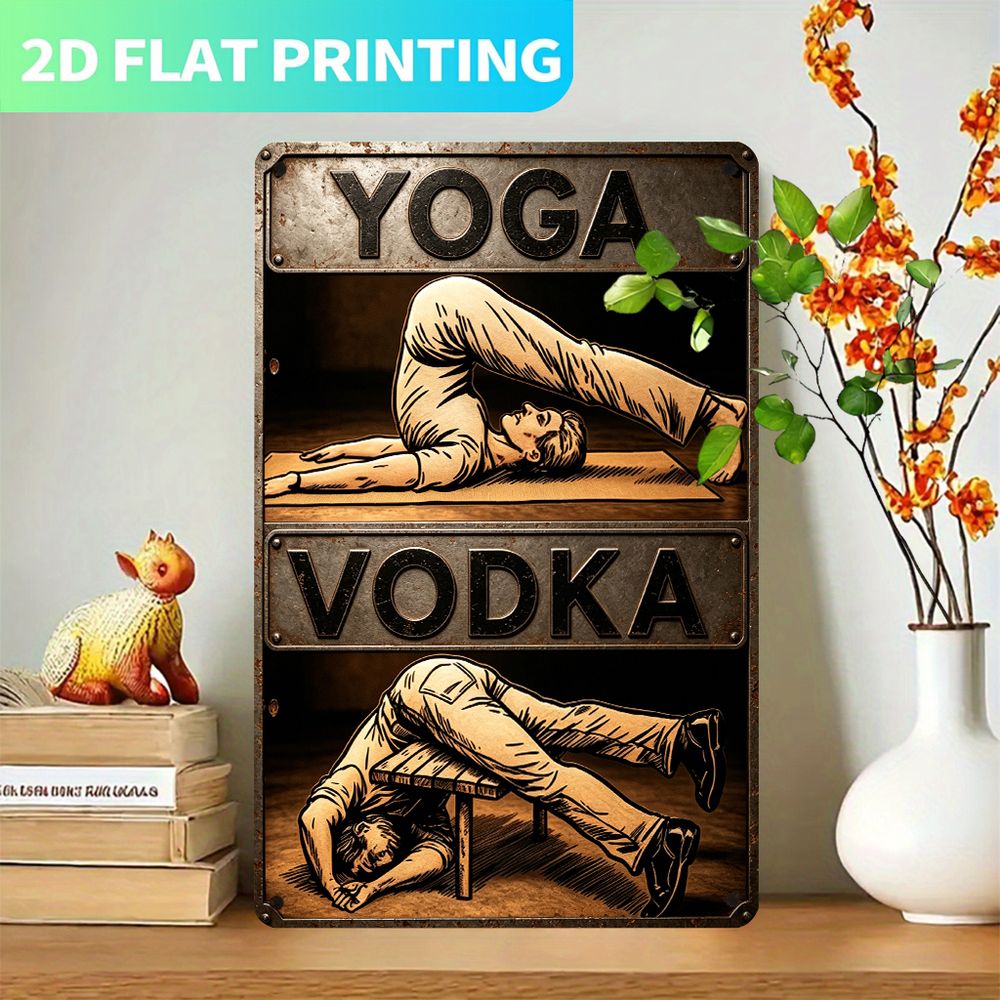 TEMU Panneau Métal Vintage Plat 2D 1pc, Yoga et Vodka : Panneau Simple 7.8 pouces X 11.8 pouces, Panneau Art, Parfait pour Salle de Sport, Bar ou