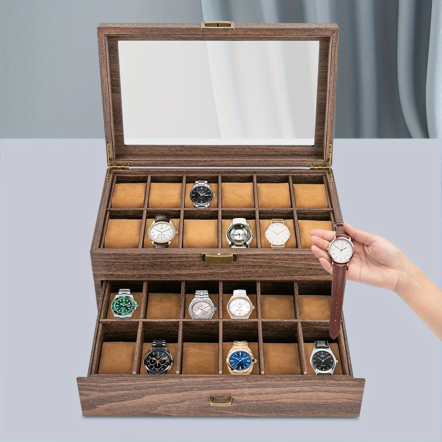 watch box with 24 slots watch box with 24 slots 2 tier solid wood watch box with large glass lid watch box case   watch box for men and women watch display box brown 34 21 15cm outdoorgoodss free shipping 0